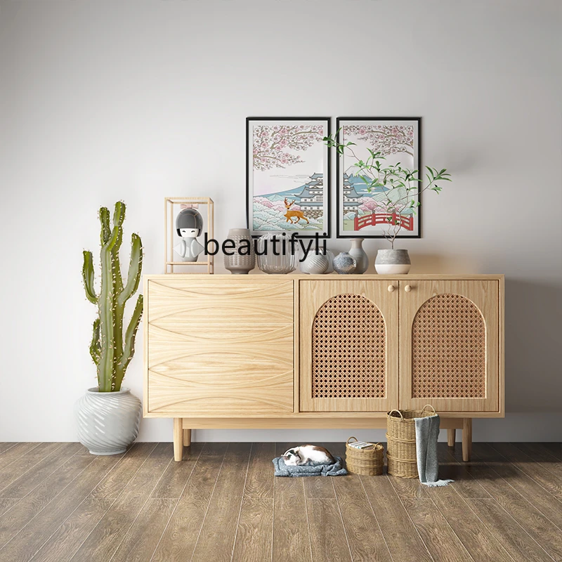 Sili Style Solid Wood Sideboard Homestay Hotel Living Room Wood Rattan Hallway Storage Cabinet