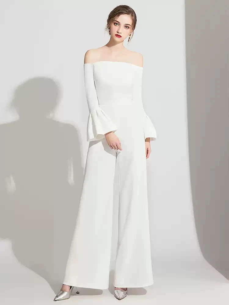 Abito da ballo bianco con spalle scoperte 2026 Tuta a maniche lunghe Abito da spettacolo da sera formale Robe De Soirée Stile elegante alla moda