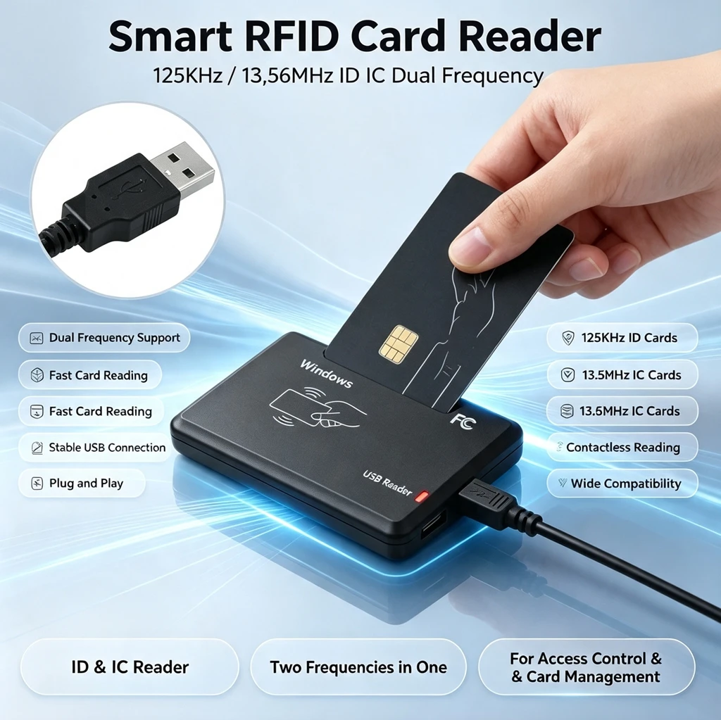125KhZ 13.56MHz USB Proximity Sensor Smart RFID ID Card Reader Access Control EM4100 EM4305 T5577 Compatible Tags No Need Driver