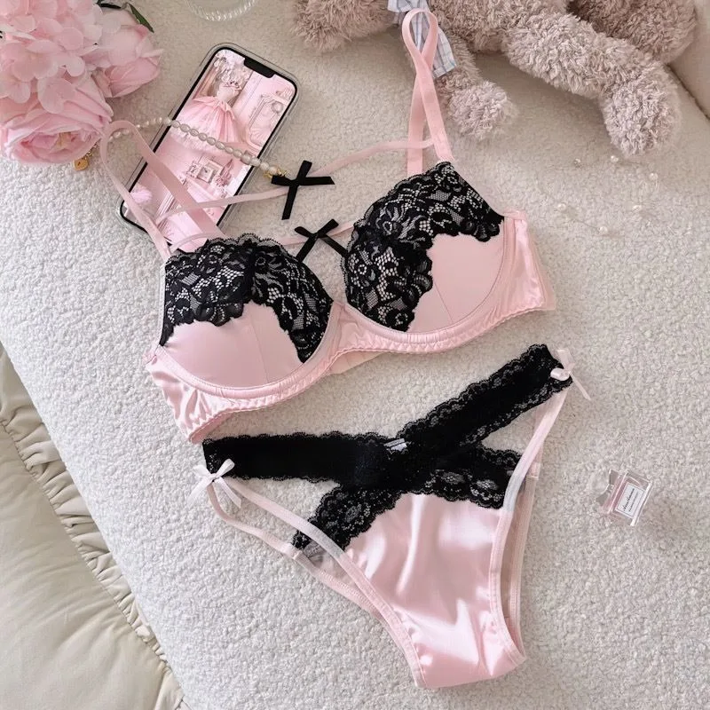 Women Underpants Low Waist Mesh Hollowed Bow Panties and Bra Set Breathable Briefts Lace Push Transparent Lingerie