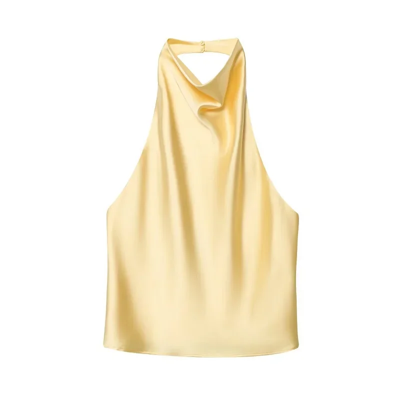 2025 Halter Tops for Women Black Satin Backless Top Female Pink Summer Beach Top Woman Off Shoulder Camisole Top Women