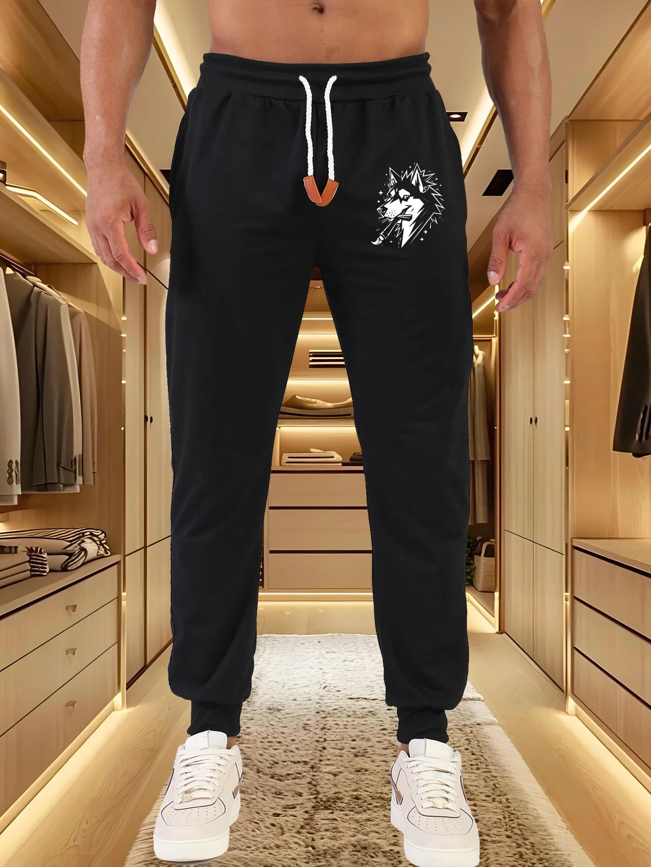 

Men Jogger Pants White Husky Wolf Head Graphic Print Elastic Waist Drawstring Sweatpants Men Casual Street Sports Trousers Side