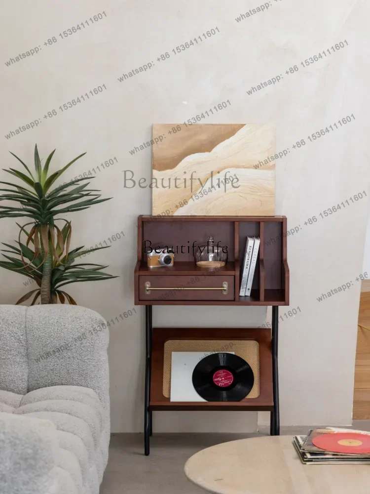 JJ Bookshelf Side Cabinet Gramophone Record Rattan Retro Living Room Storage
