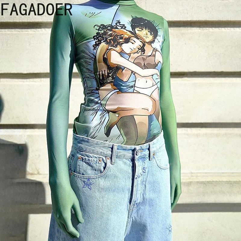 FAGADOER Y2K Green Fashion Graphic T Shirts Women Turtleneck Long Cuff Gloves Slim Fit Crop Tops Autumn Female Trend Streetwear