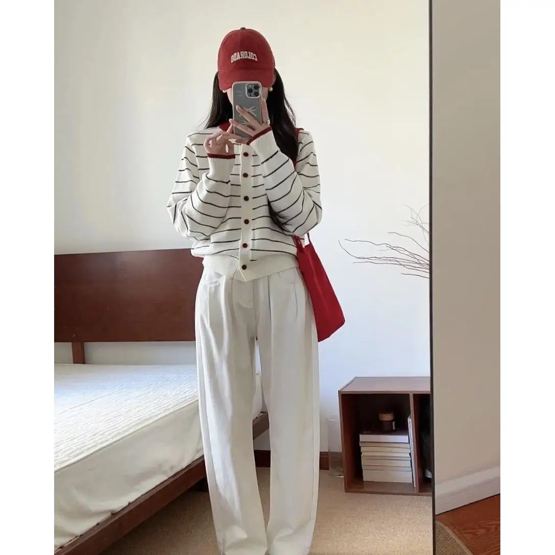 

2026 Striped Lazy Sle Long Sve Knitted Sweater Color Blo Loose Fit Open Cardigan Casual Wear Polyester Fiber Top