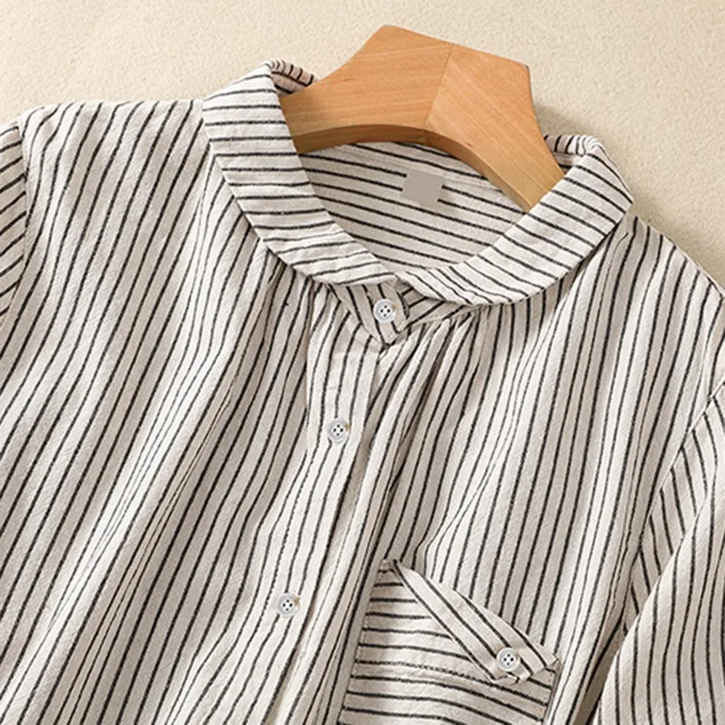 Women Long Sleeve Striped Shirt New 2024 Spring Vintage Style Turn-down Collar Basics Female Cotton Casual Tops Shirts B3668