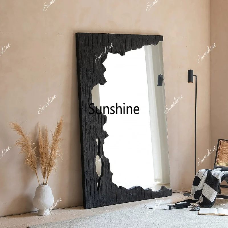 wabi-sabi black floor-to-ceiling, irregular solid wood wall-mounted mirror, living room entrance decoration