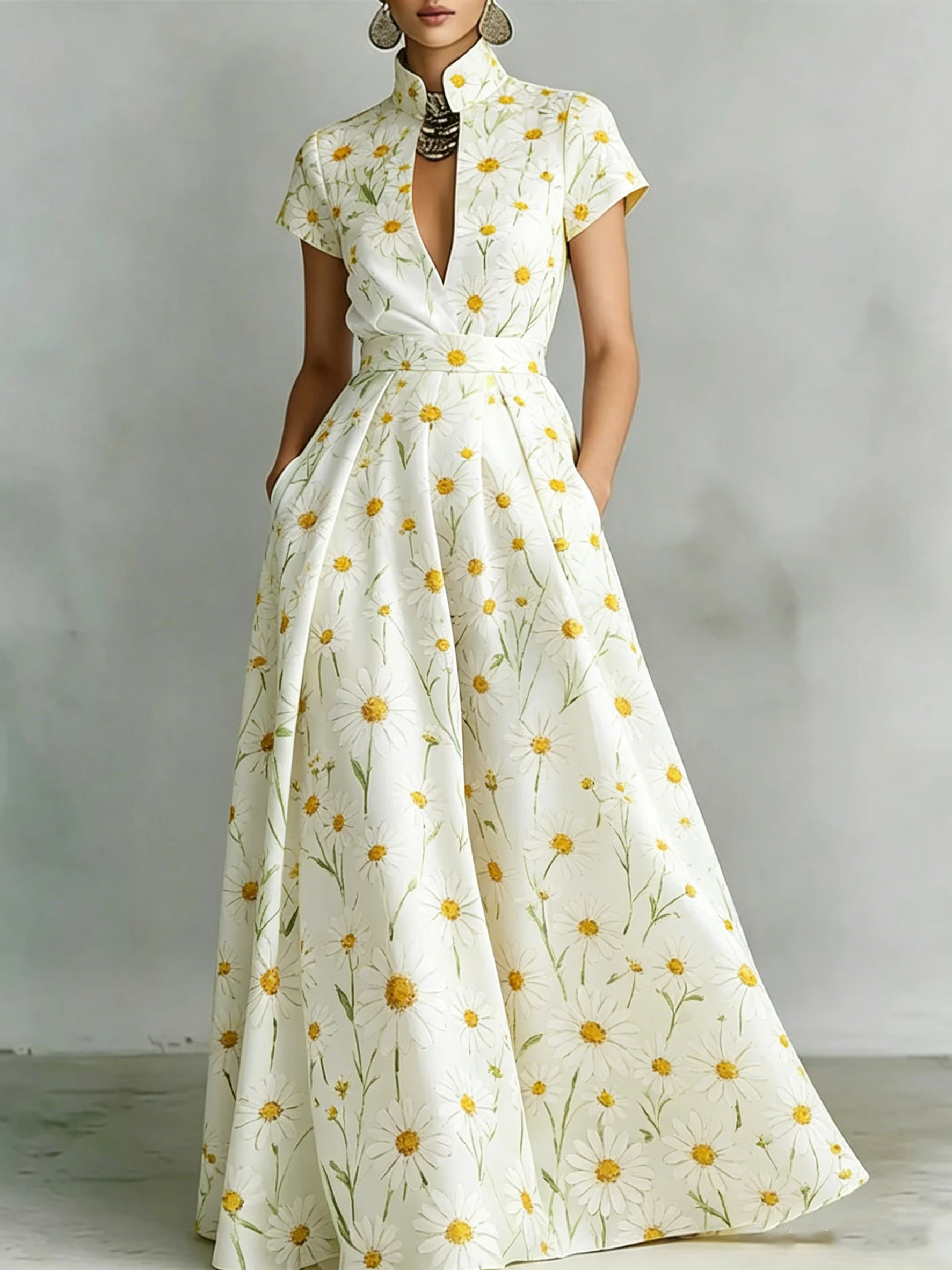 

Women's Fashion Stand: Collar Floral Print Maxi Dress, Gown Short Sleeve Side Pocket Slim Summer Dress Everyday Commute Wear