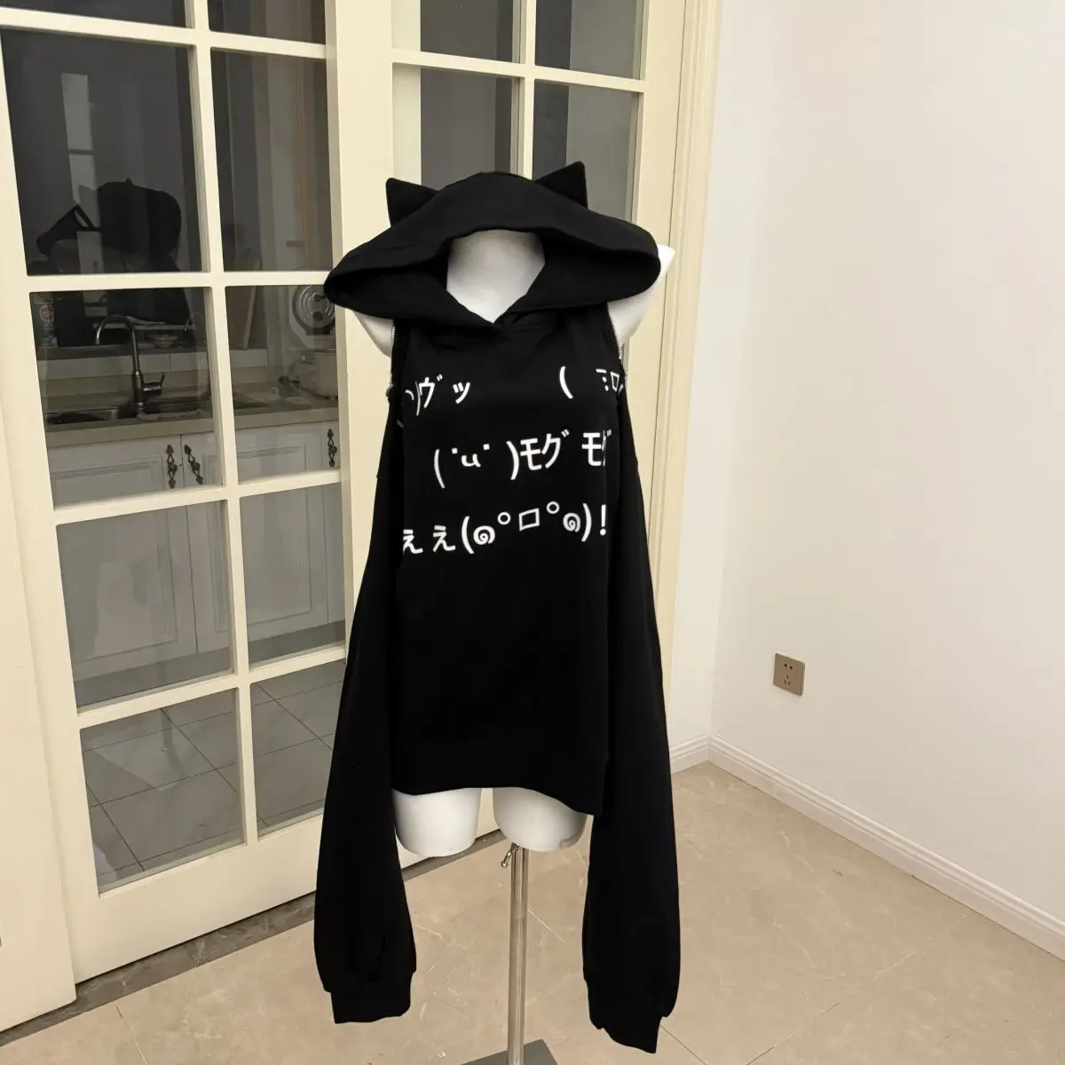Cute  Ear Hoodie Women's Sleeveless Zipper Shoulder Bared Long Sleeve Top Retro Style Youth Fashion Japanese Soft Plush