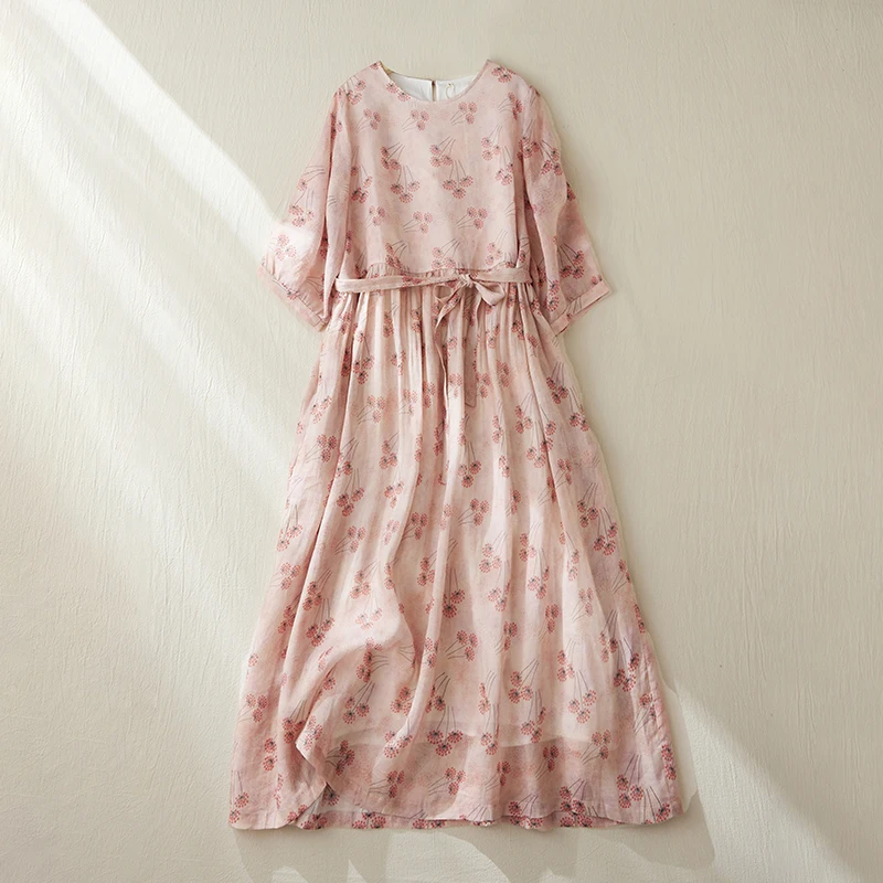 핑크 플로럴 코튼 린넨 롱 스커트 여성용 휴가 요정 스타일 라운드 넥 루즈핏 허리 여유 통근 스타일 여름 원피스