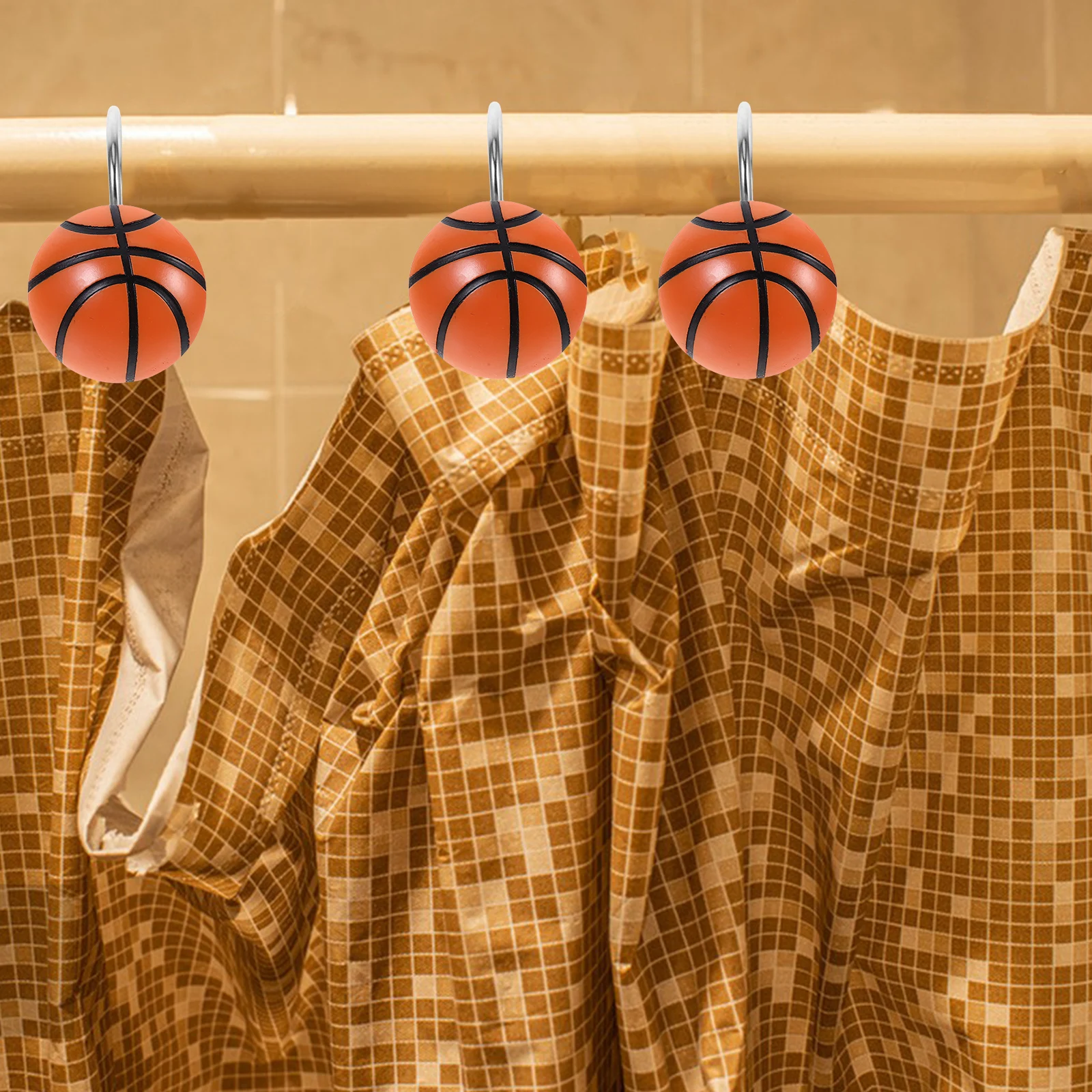 

12pcs Bath Hooks Basketball Theme Resin Decorative Shower Curtain Rings Heavy Duty Bathroom Curtain Accessories Round
