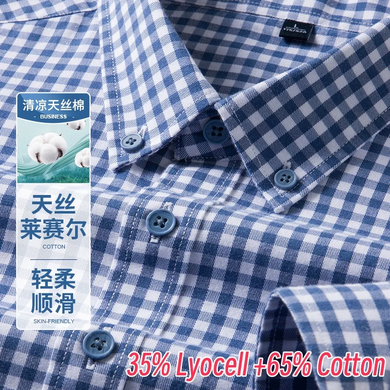 

35% лиоцелл, мужская деловая одежда, весенняя мода 2025 года, клетчатые классические рубашки, 65% хлопок, мужская официальная рубашка с длинным рукавом