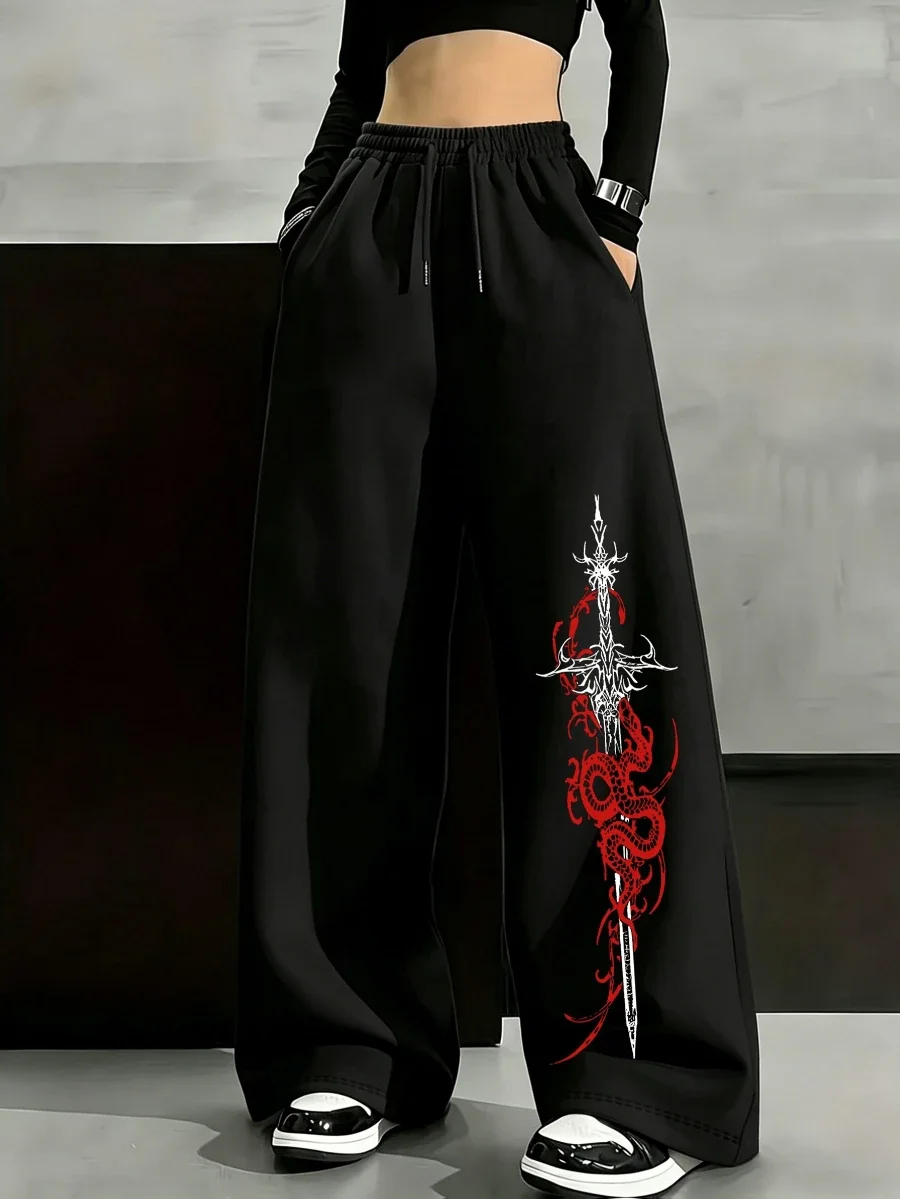 Women'S Casual Wide-Leg Pants - Single Red Dragon Coiled with Thorns And Long Sword Contrast Print, Soft Drapey Stretch Fabric