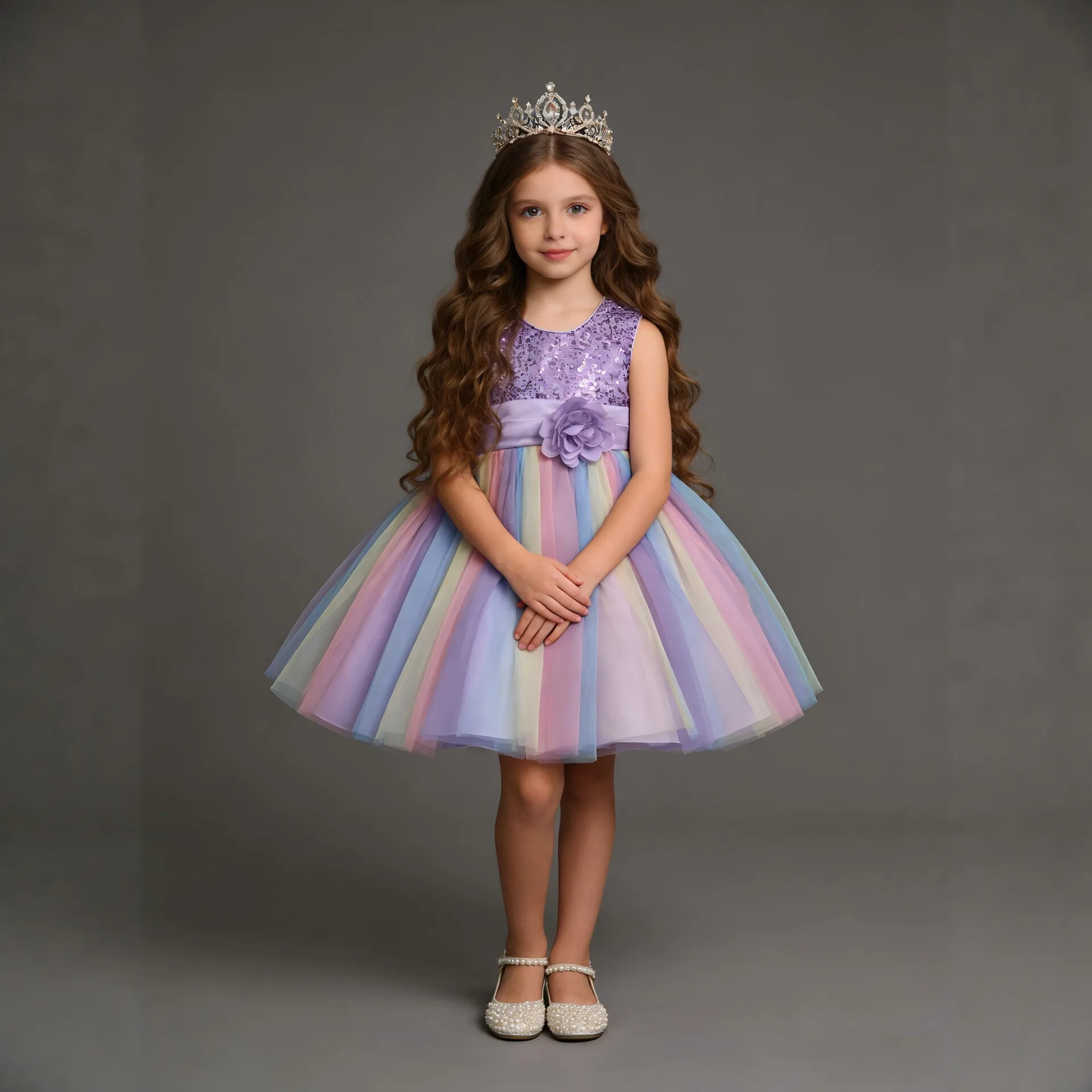 Kids Princess Gown Girls Fluffy Tutu Dress Rainbow Tulle Sequined Dress Stage Performance Costume for Birthday Party Show