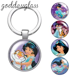 Disney Princess Jasmine Aladdin Lamp Photo glass cabochon keychain Bag Car key chain Ring Holder Charms keychains gift