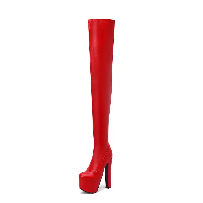 2024 Women Over the Knee Boots Platform Super Square High Heel 17CM Ladies Thigh Boots PU Leather Round Toe Sexy Party Shoes