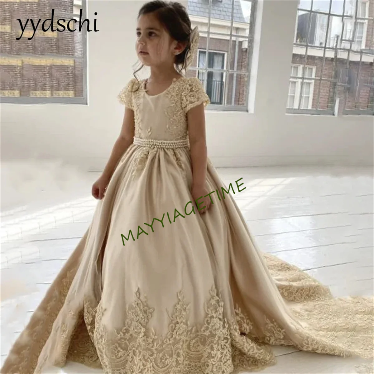 Платья для девочек для детей, детское платье с цветочным узором и золотыми рукавами принцессы, цвет на заказ, 2024, детское бальное платье макси для свадебной вечеринки, вечернее платье