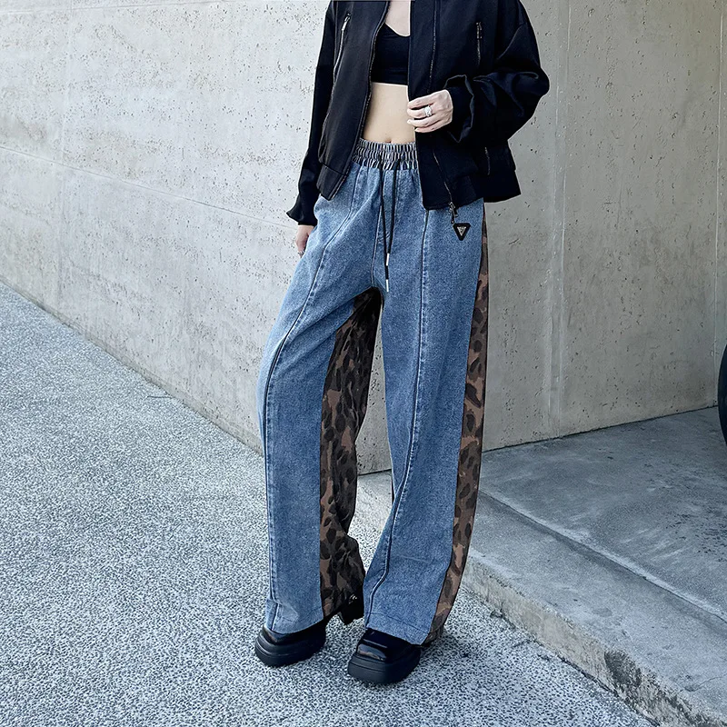 

Jeans Women Wide Leg Pants Leopard Print Denims Washed Pockets Elastic Waist Lace Up Straight Trousers Floor Length Vintage 2025