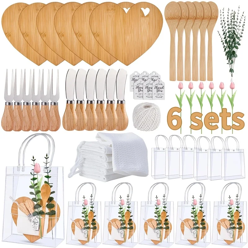

6 sets of shower party winner supply kits, including cheese board, spoon, fork, butter knife, checkered towel, thank you card, a