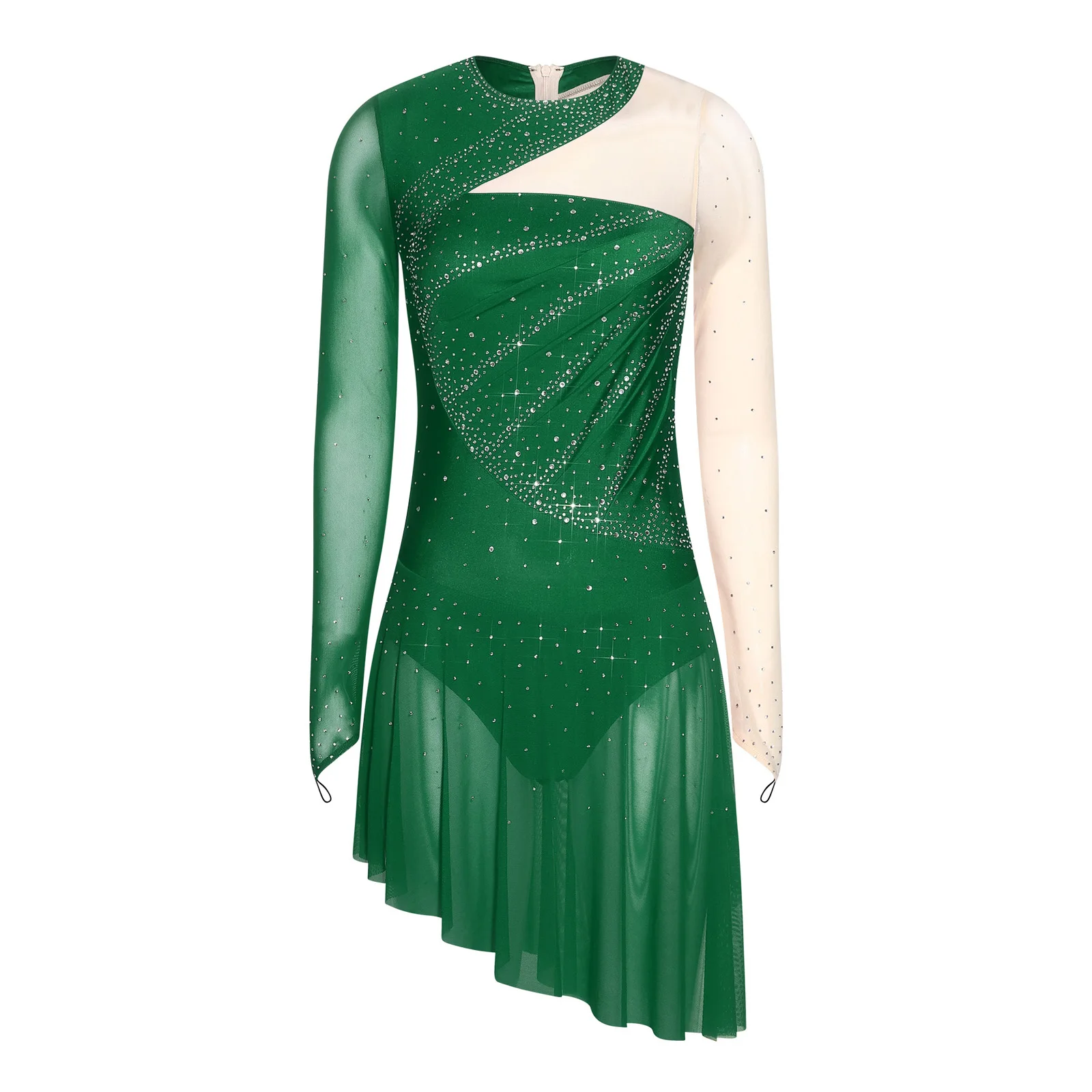 

Womens Gymnastics Bodysuit Rhinestone Color Blocking Long Sleeve Chest Pleats Irregular Hem Buttoned Crotch Jumpsuit Dancewear