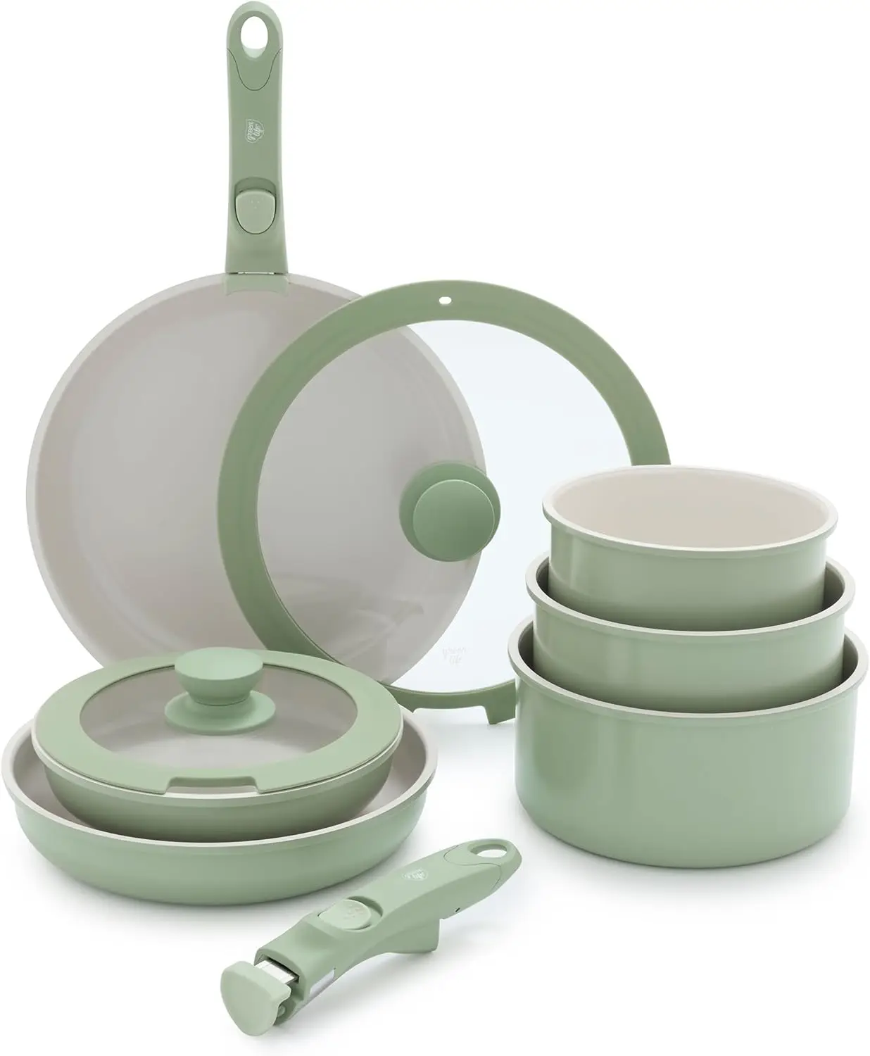 

GreenLife Click 10-Piece Ceramic Nonstick Cookware Set, Detachable Handle, Stackable Space Saving Kitchen Essential, Non Toxic P