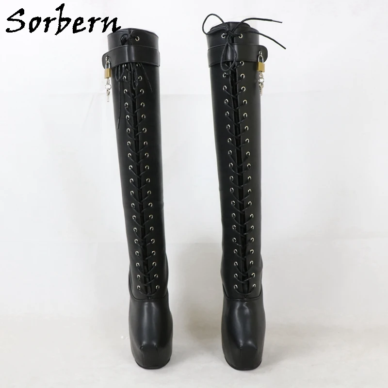 Sorbern 2 Locks Black Matte Platform Boots Women Knee High Heelless Fetish Drag Queen Shoes Custom Calf Width Shoes