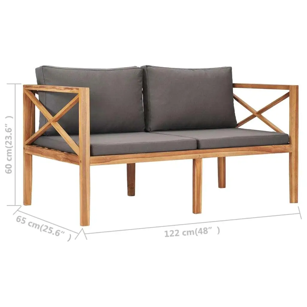 Solid Teak Wood Patio Bench with Dark Gray Cushions - Outdoor Garden Furniture