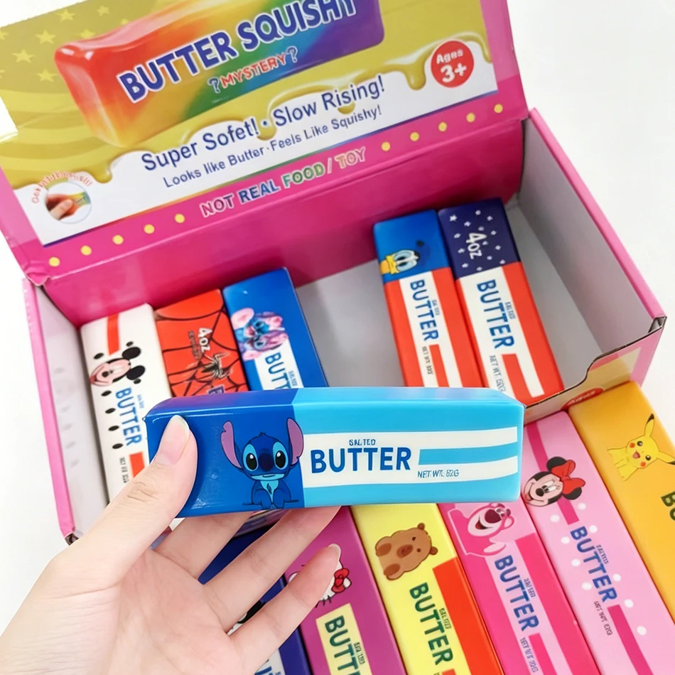 12PCS Full Box Cartoon Series Soft Butter Squishy, Soft Silicone Butter Stick Squeeze Toy, Party Favor Mini Gifts