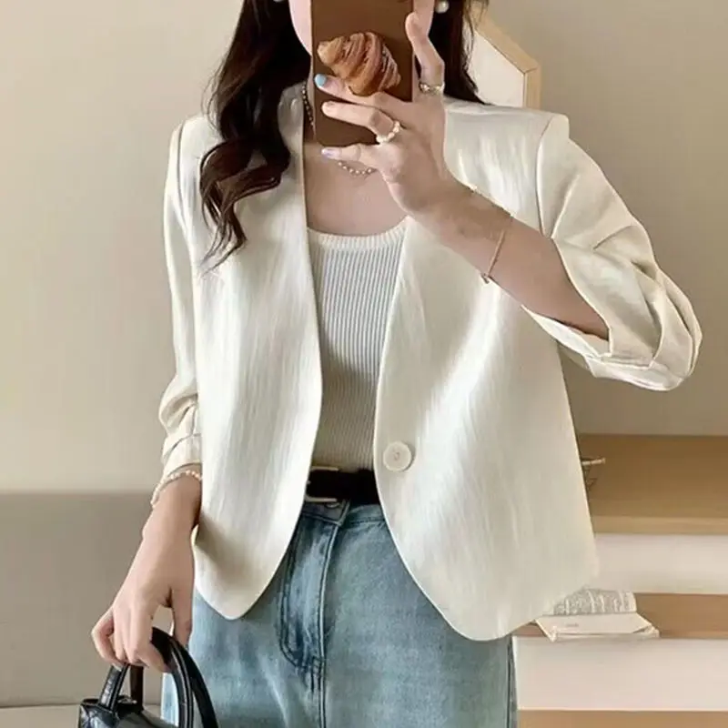 Korean Simplicity Summer Women\'s Solid V-Neck Single Button Fashion Office Lady Pleated Three Quarter Slim Blazer Coats Tops