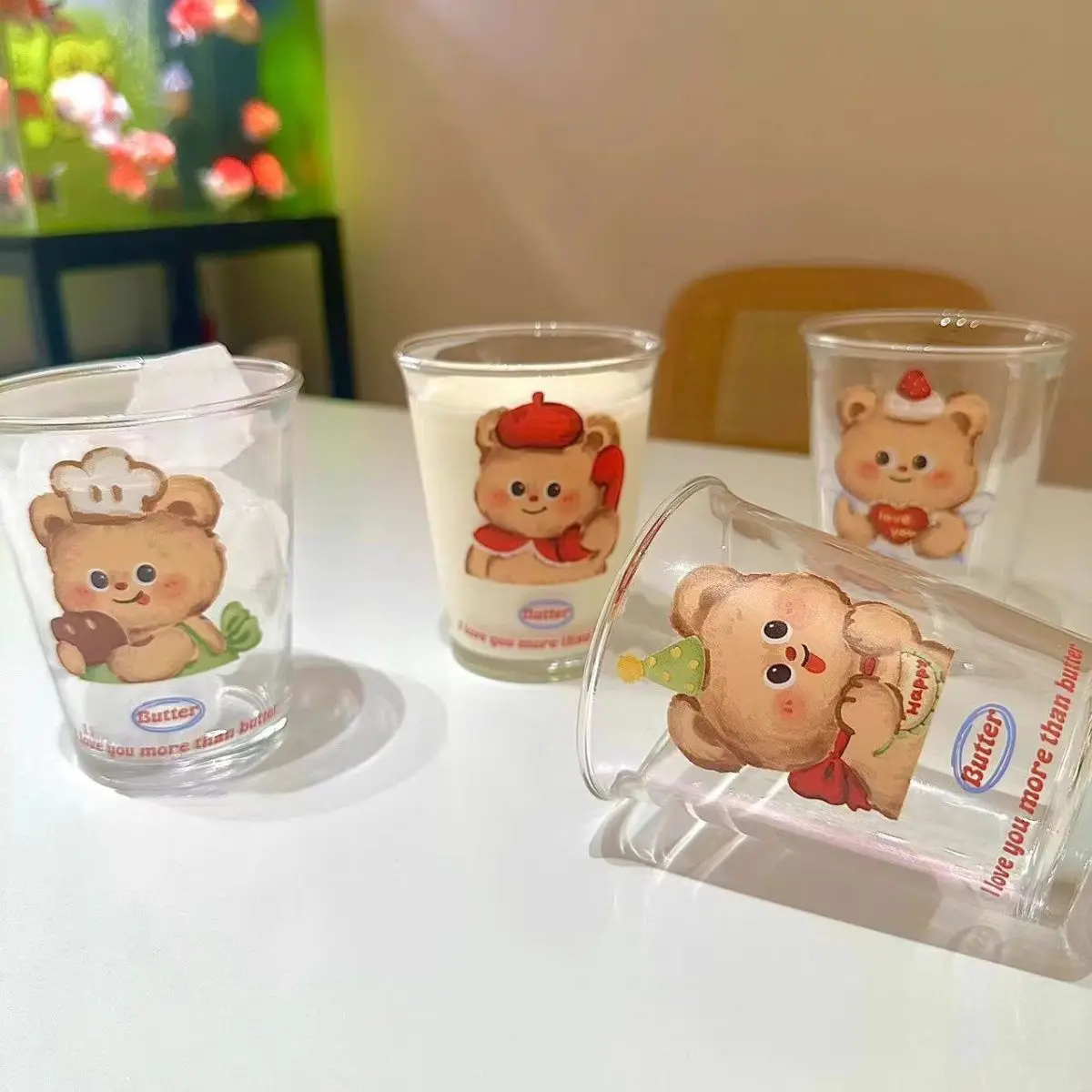 Новинка 2023 года, стильная милая серия High Beauty Butter Bear, стеклянная чашка с принтом, мультяшная домашняя чашка для кофе, завтрака, молока, 300 мл