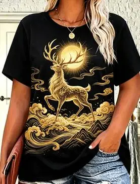 Women Golden Phoenix Peony Graphic T‑Shirt Chinese Traditional Cloud Pattern Casual Short Sleeve Tee Top