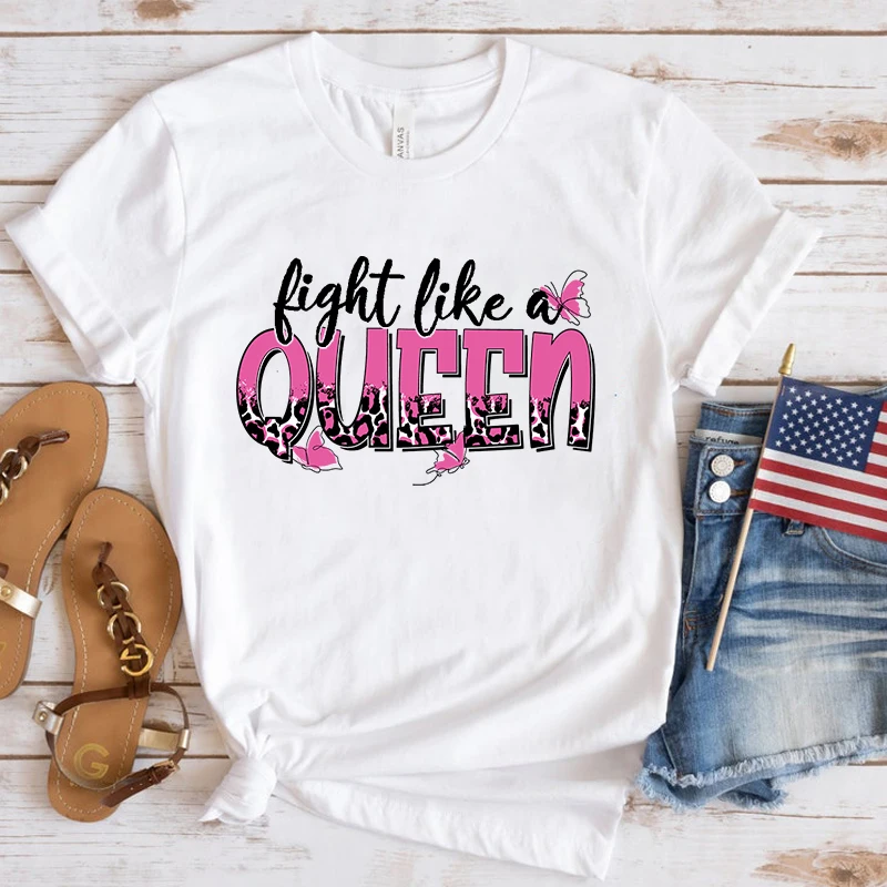 Fashion Breast Cancer Awareness Fight Like A Queen Printed T-Shirts Men Women Summer Casual Short Sleeved T-Shirts