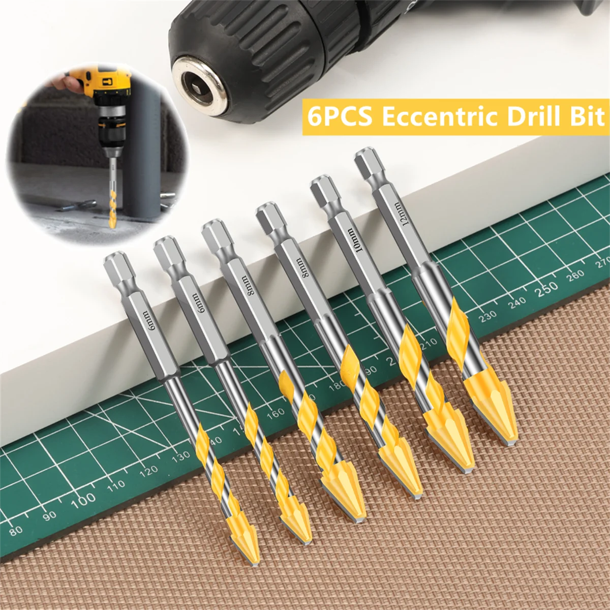 

6 шт., спиральное сверло для каменной кладки, бетона, эксцентриковое сверло для стекла, керамической плитки, кирпича, пластика, дерева, каменщика, твердый сплав, настенная пила для резки отверстий