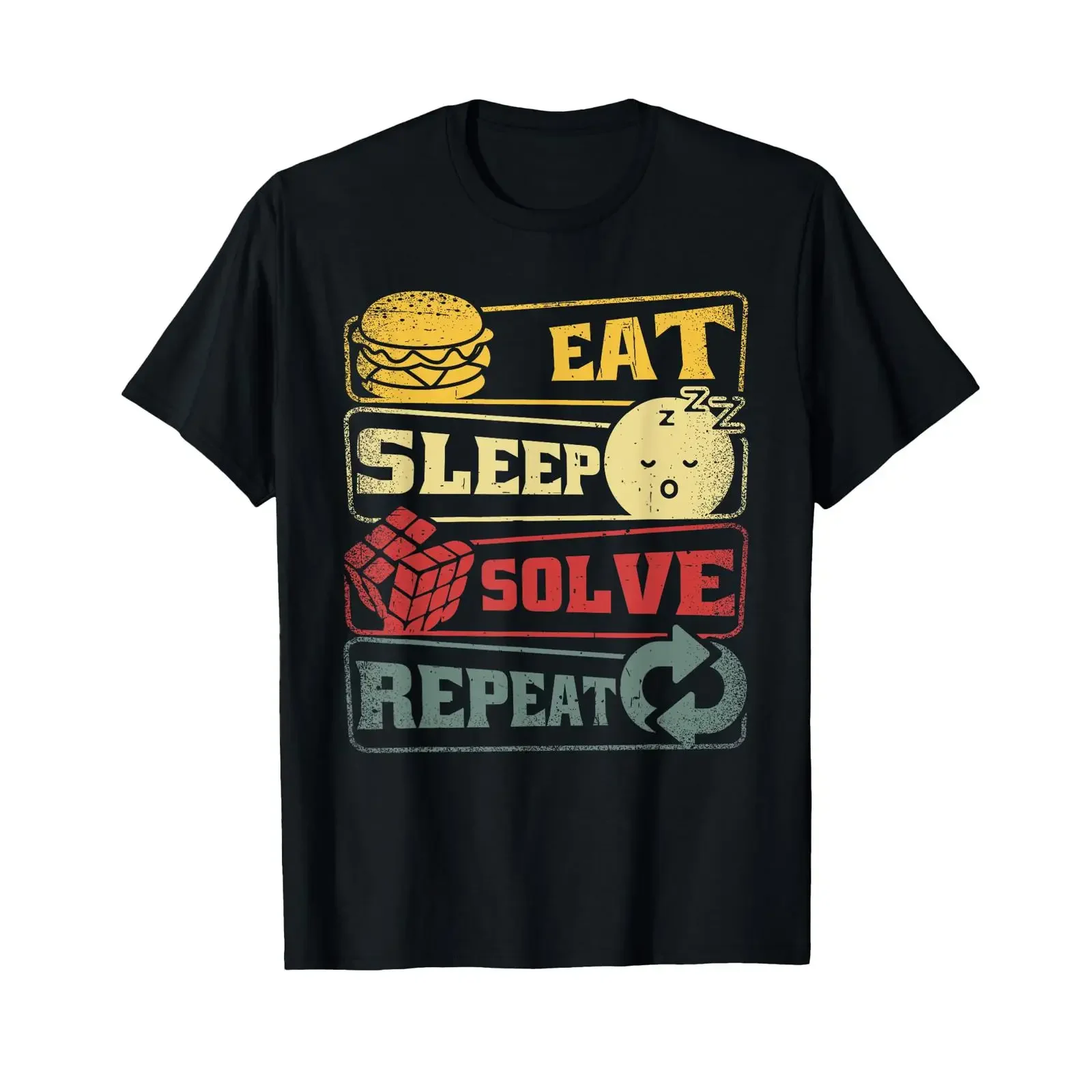 Speed Cubing Magic Cube Eat Sleep Solve Repeat T Shirt vintage Washed Stylish Top For Everyday Wear Slightly Stretched Casual