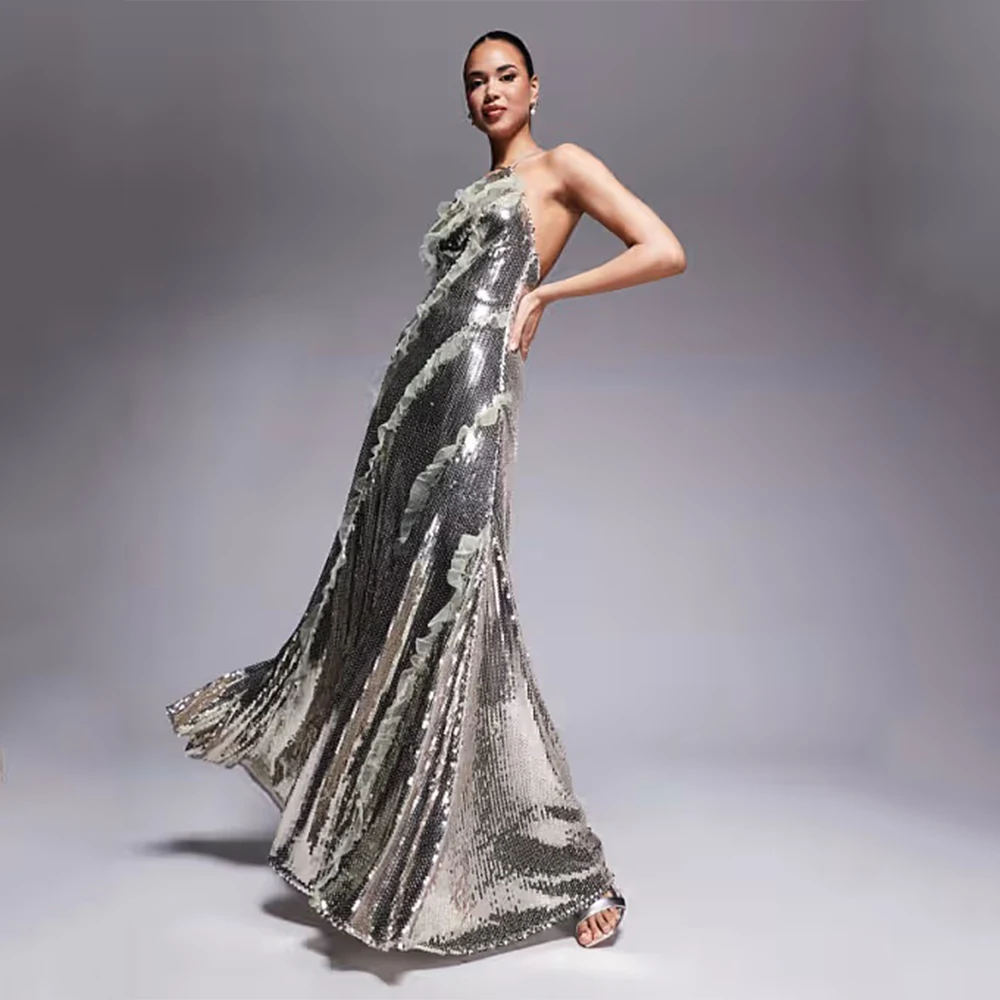 

Arya Sparkle Evening Dress Sequin for Floor-Length Halter Sleeveless Backless Prom Dress A-line Vestidos De Fiesta Customized