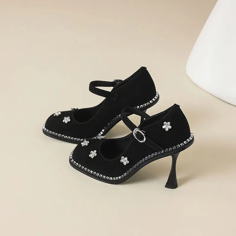 Black Genuine Leather Round Toe Crystal Shallow Women Marry Jane Shoes Stiletto High Heels Buckle Strap Design Large Size Shoes