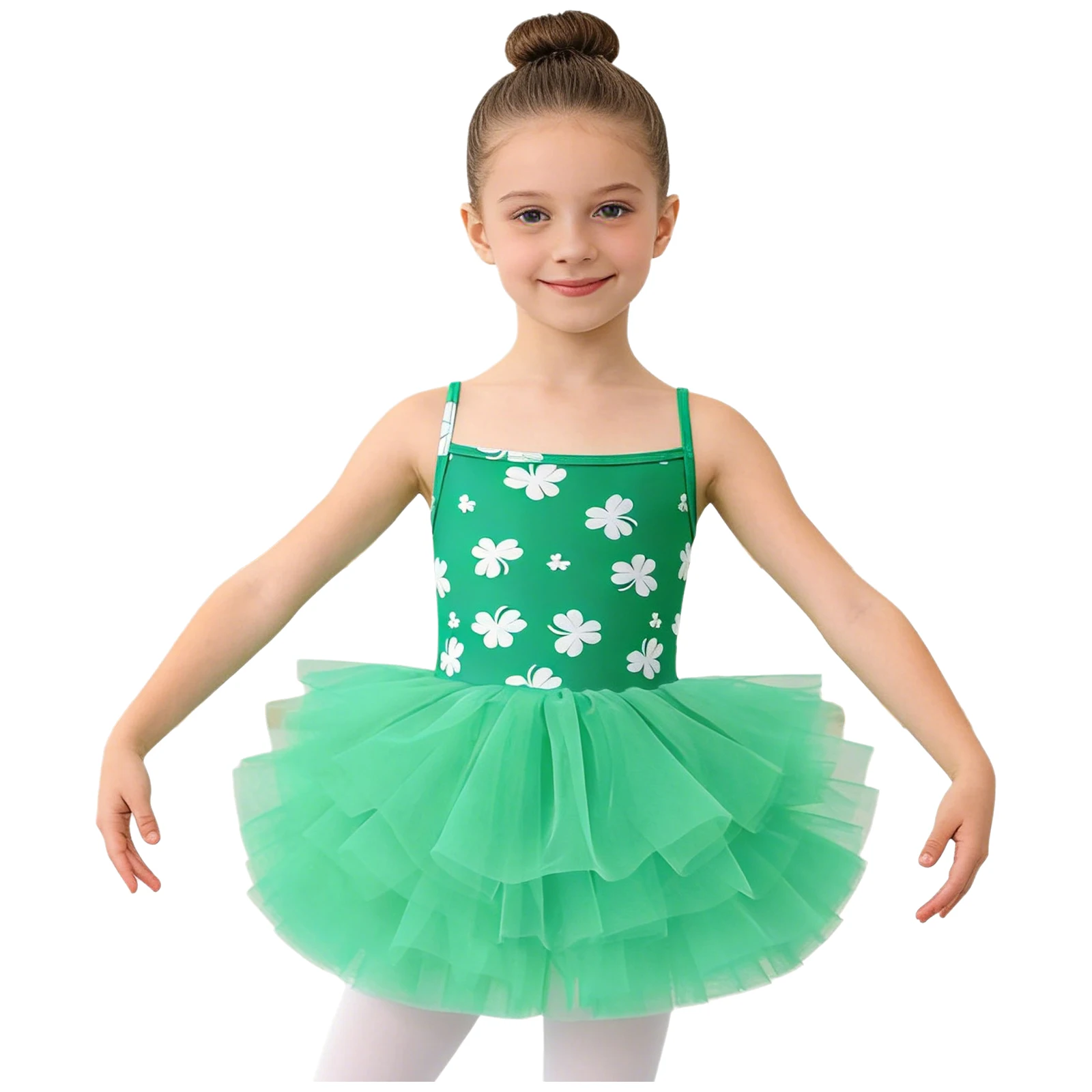 Girls Camisole Dance Tutu Leotard Heart Leaf Printed Spaghetti-strap Ballet Dress Dancing Competition Tulle Performance Dress