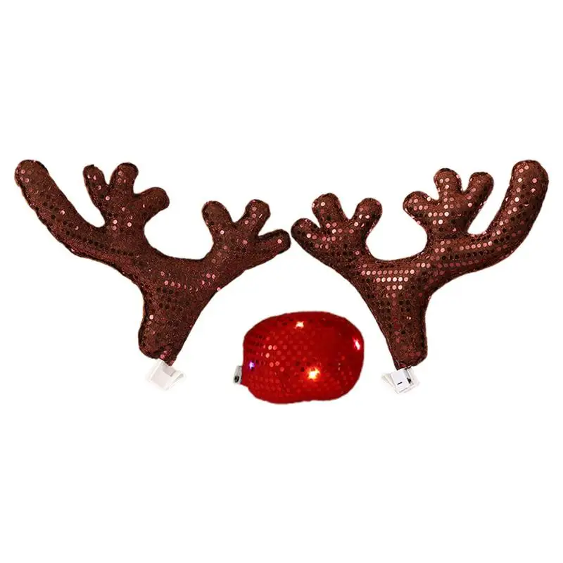 Car Reindeer Antlers And Nose Sequins Reindeer Car Decorations Holiday Automotive Decor Car Costume Accessories For Trucks Cars