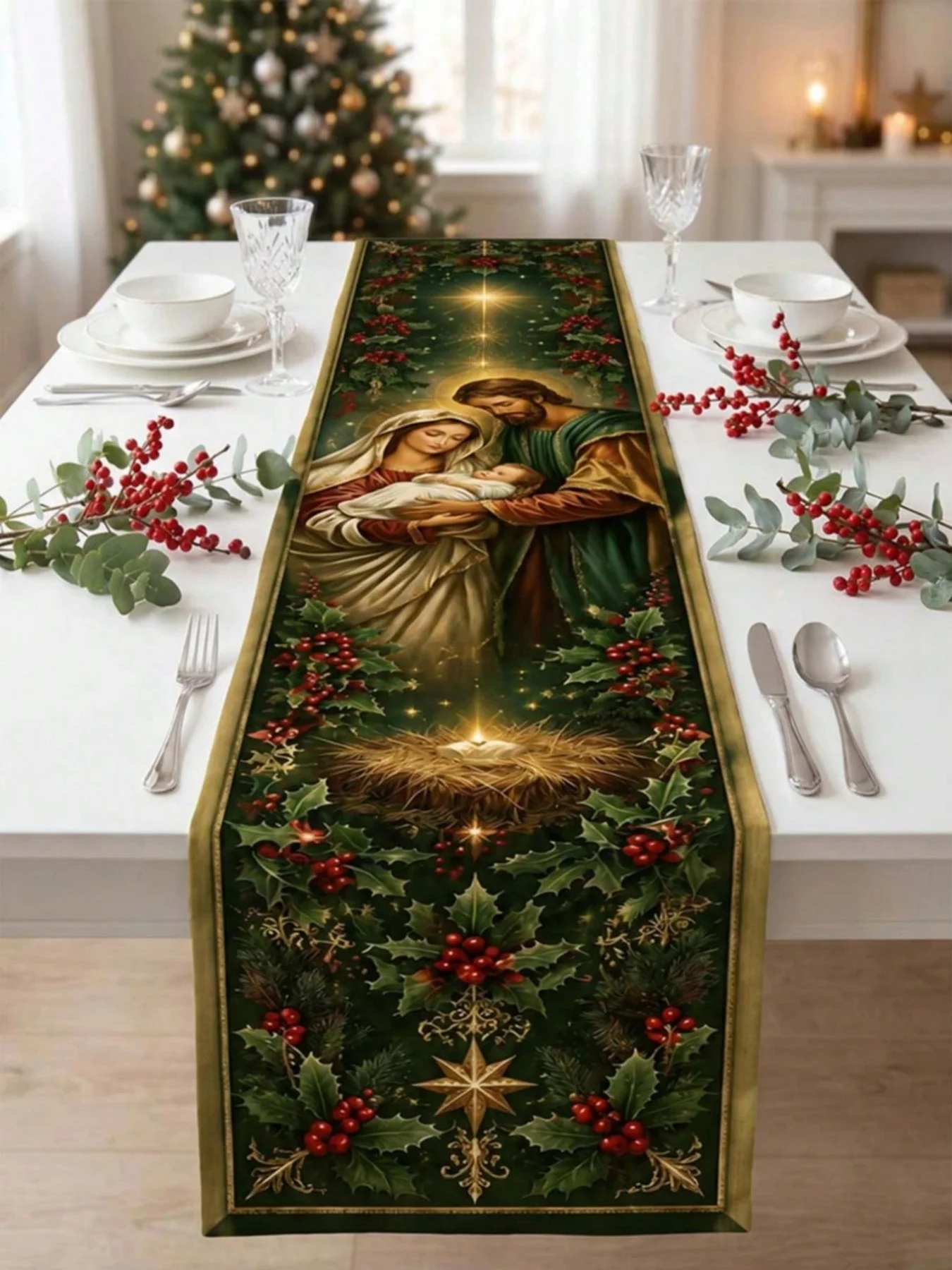 1pc Christmas Nativity Theme Table Runner,Green Vintage Holy Family Manger Holly Red Berry Print Linen-Like Fabric Decoration