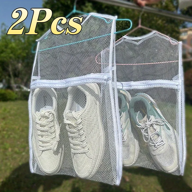 2Pcs Thick Mesh Laundry Shoe Bags Reusable Zipper Design Sneaker Clothes Drying Net Pouch for Home Balcony Outdoor Use