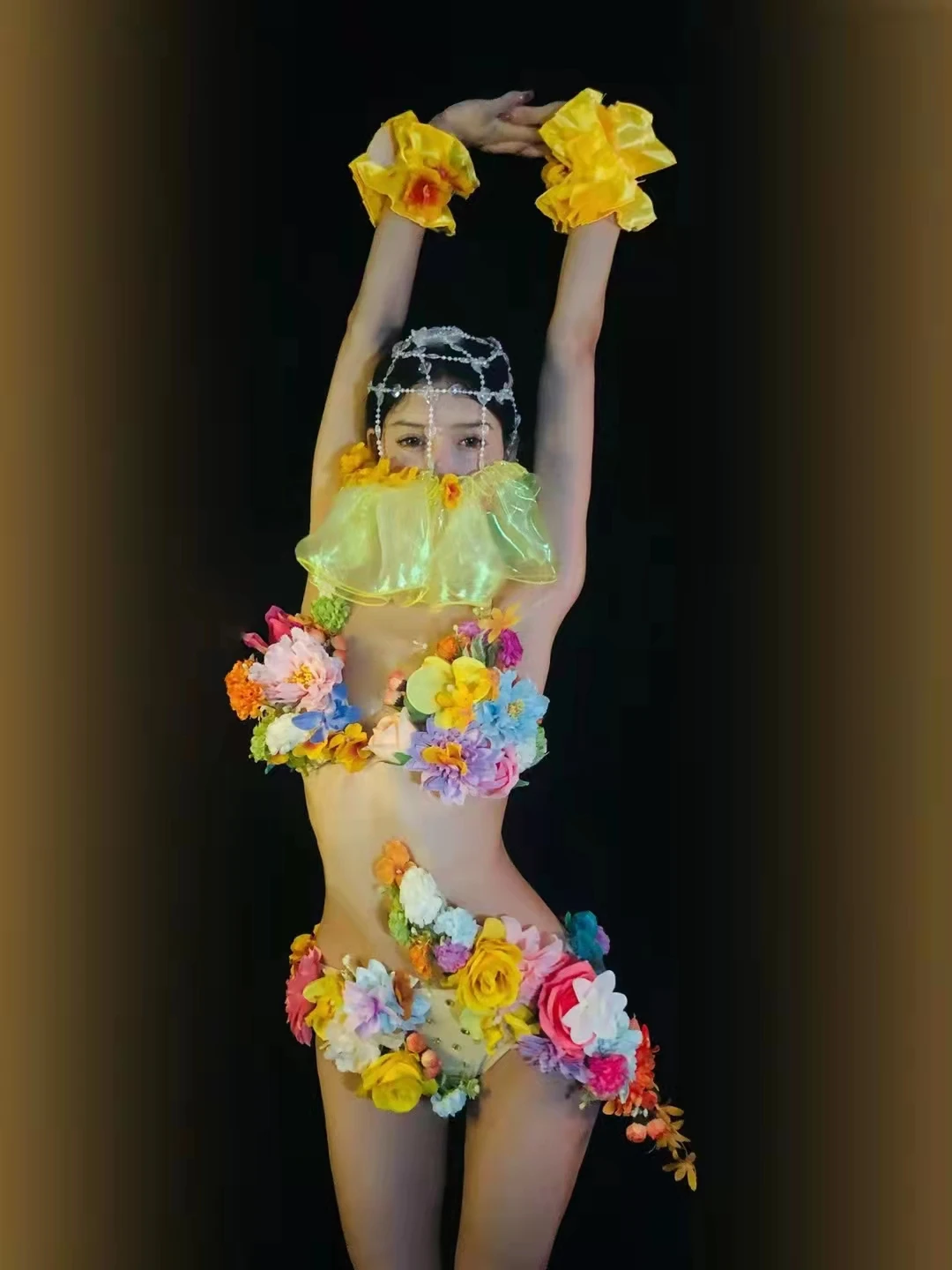 Sexy Club Party Show Rave Outfits Yellow Flowers Bikini Rhinestones Nakrycie głowy Performance Stage Wear Festival Gogo Dance Costume
