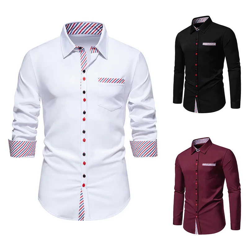 

Spring/Summer New Men's Long Sleeved Shirt with Triangle Neck Stripe Colored Flip Collar Long Sleeved Shirt