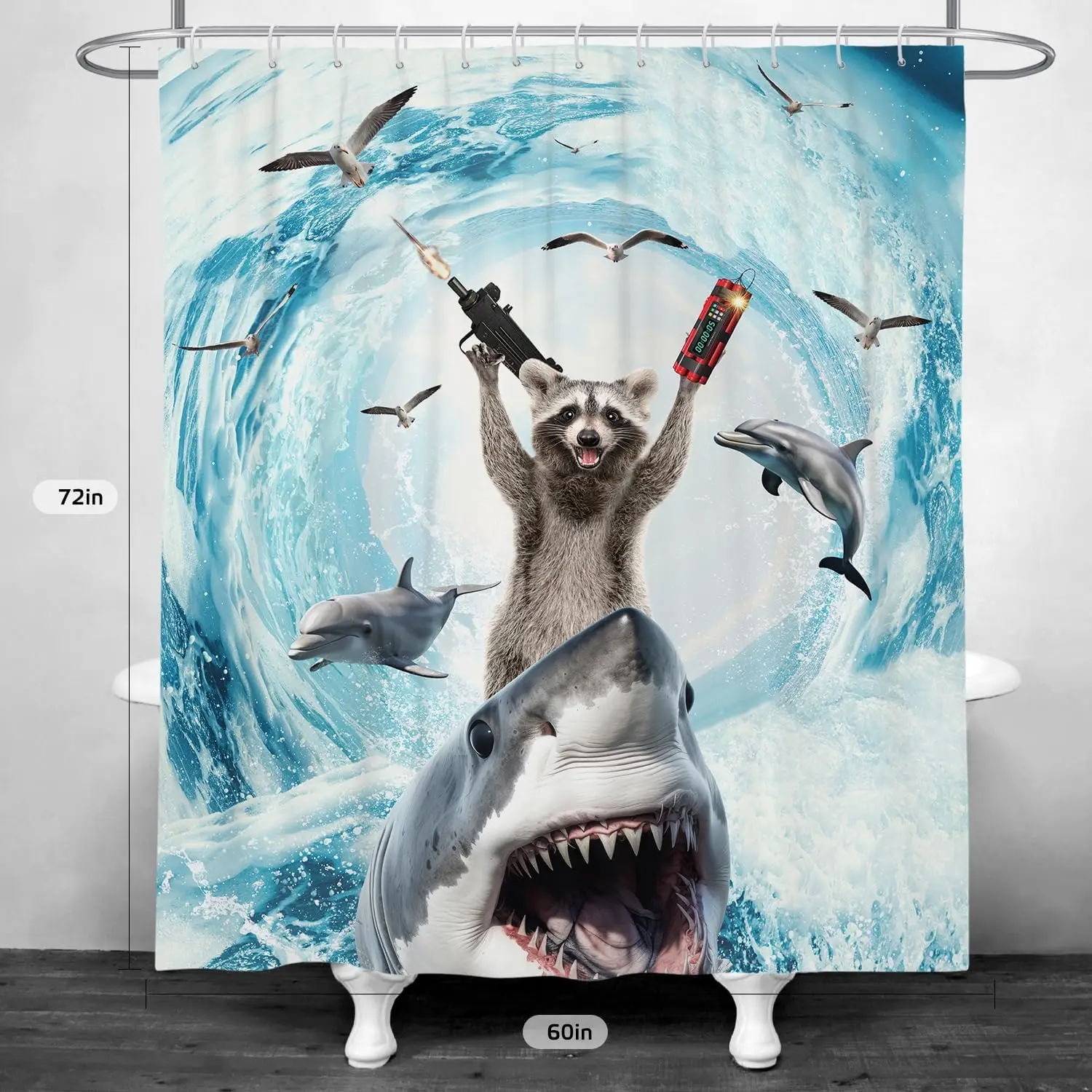 Fun Shark Attack Ocean Wave Shower Curtain Bathroom Decor Tropical Marine Life Art Print