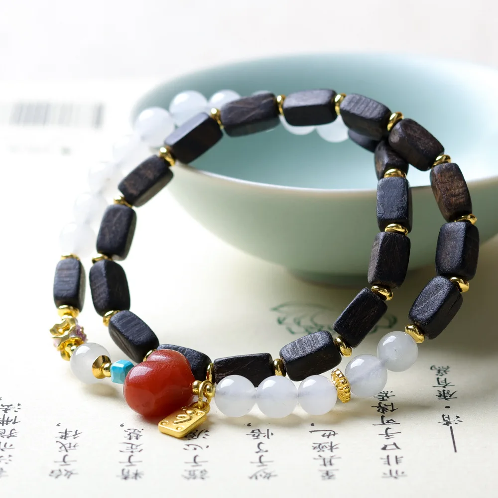 Original Design Dalakan Agarwood with Tianshan Green Two Wrap Bracelet Women's Nanhong Agate Peachy Bracelet Gifts