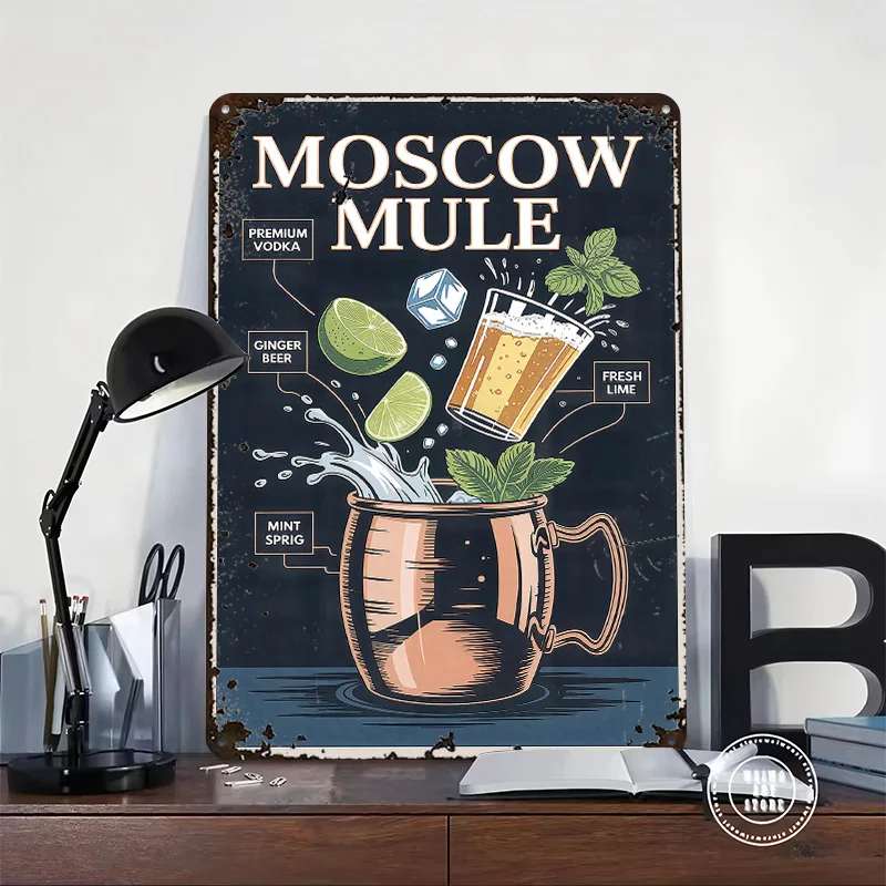 Moscow Mule Cocktail Recipe Printed Poster Customized Wall Art Retro Vintage Metal Tin Signs for Decoration Home Sign House Room