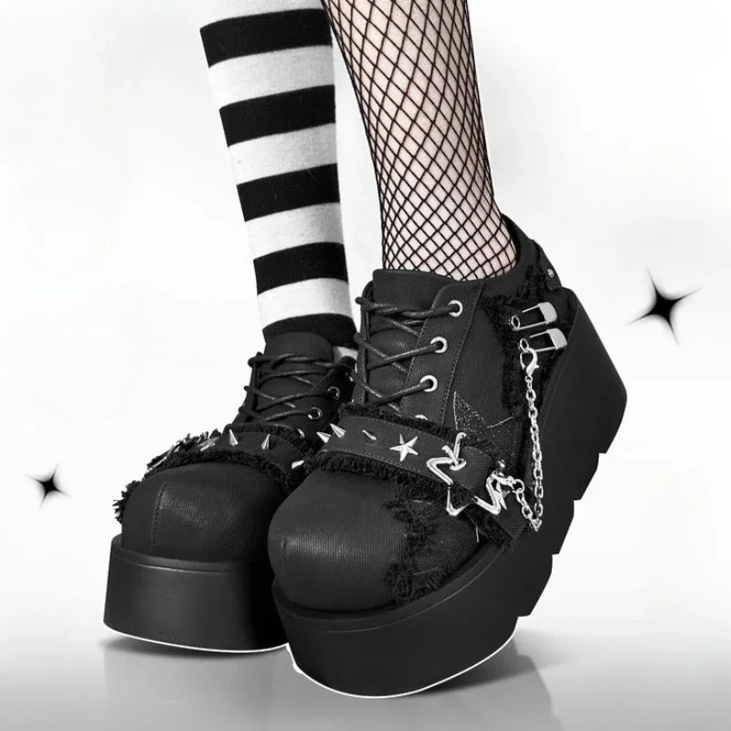 Punk Gothic Lolita Shoes Women Paltform Denim Shoes Design Stars Metal Chain Blue Denim Boots Cosplay Ladies Boots Jk Black Shoe