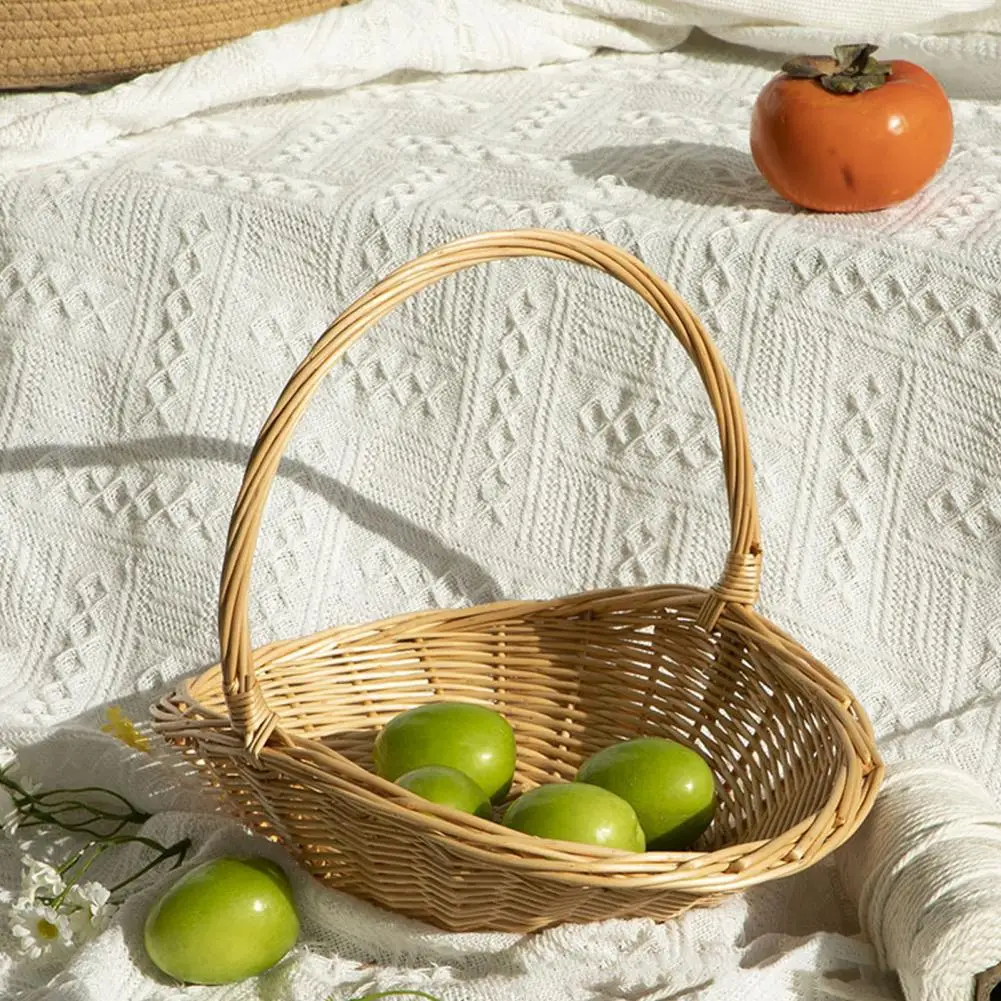 Kitchen Countertop Organizer Handwoven Rattan Storage Basket with Handle Wicker Harvest Basket for Fruit Vegetable Storage