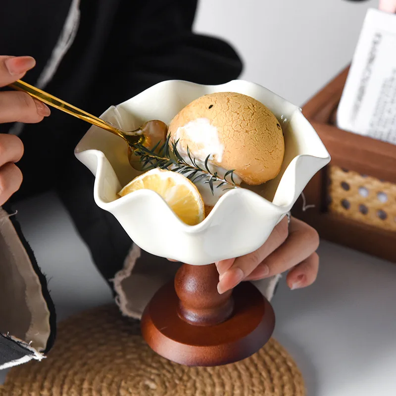 High-looking American Retro Tall Ceramic Cake Cup Ice Cream Cup French Elegant Wooden Dessert Pudding Cup Bowl
