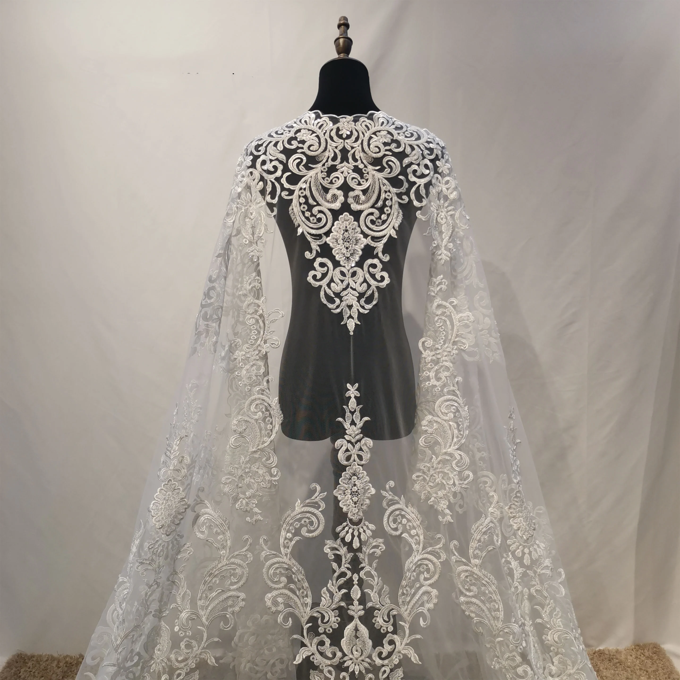 White DIY Craft Supplies Material Heavy Hand-Beaded Lace Fabric with Center Motif Intricate All-Over Embroidery for Bridal Gown