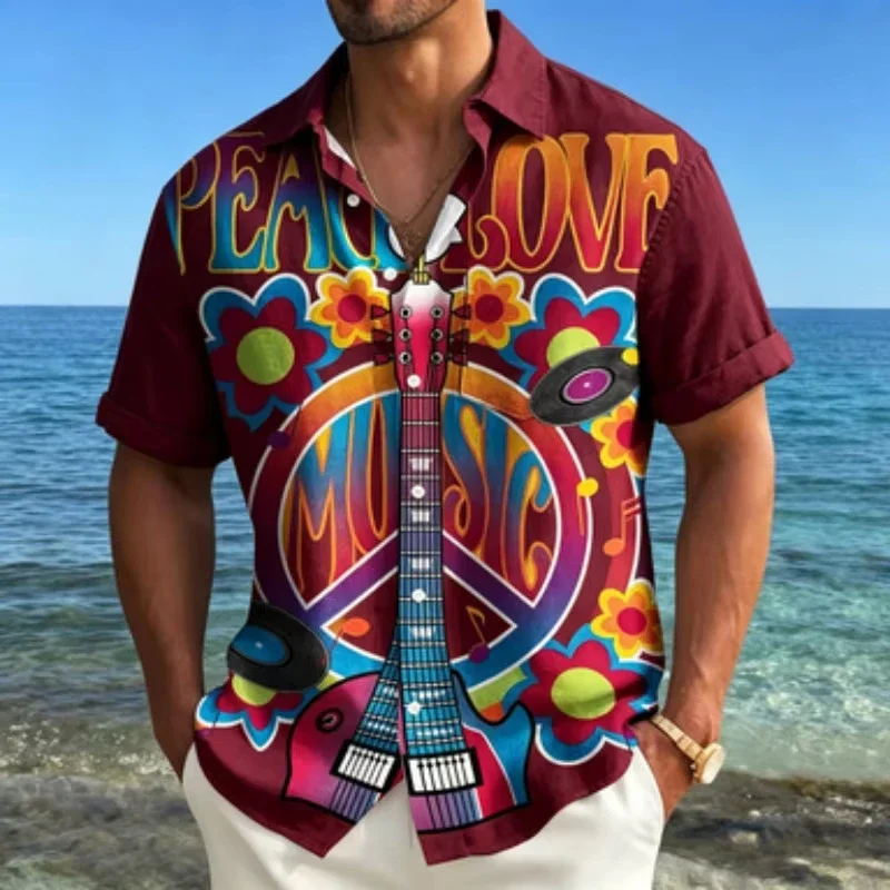 Men's Short Sleeved Shirt with Lapel Collar Retro Guitar and Peace Logo Printed Shirt Hippie Style Music Floral Printed Top